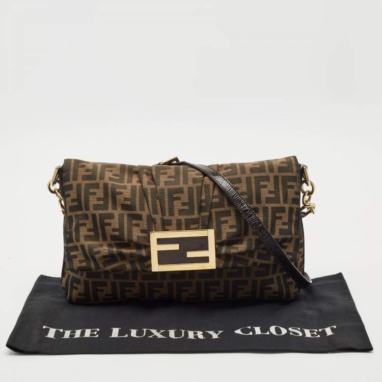 Pre Owned Fendi Tobacco Zucca Canvas and Patent Leather Mia Flap Shoulder Bag