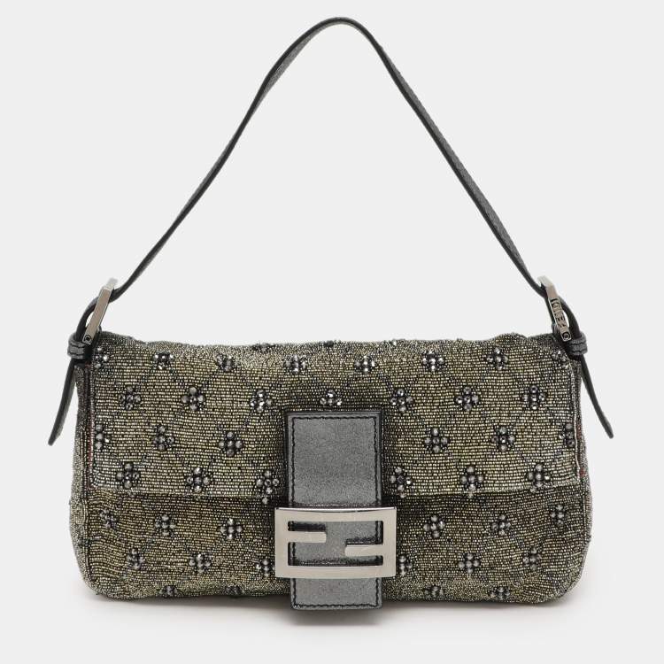 Pre Owned Fendi Olive Green/Silver Beads and Leather Mama Baguette Bag