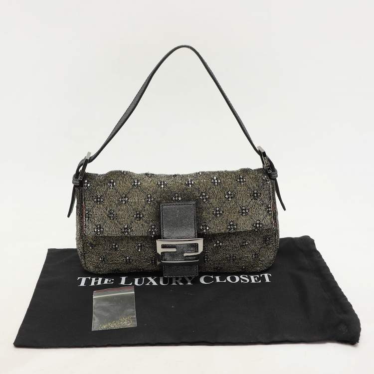 Pre Owned Fendi Olive Green/Silver Beads and Leather Mama Baguette Bag