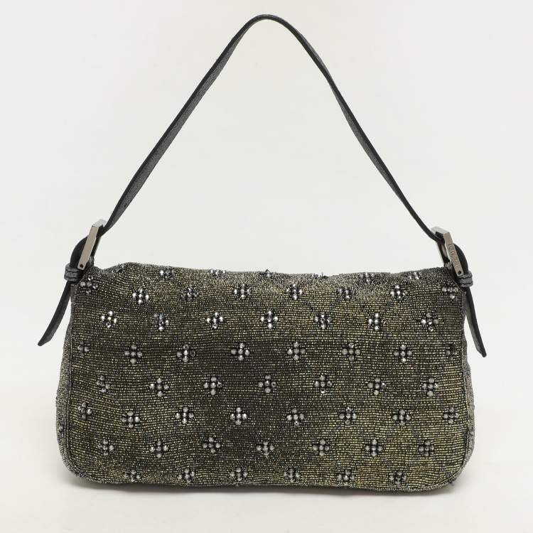 Pre Owned Fendi Olive Green/Silver Beads and Leather Mama Baguette Bag
