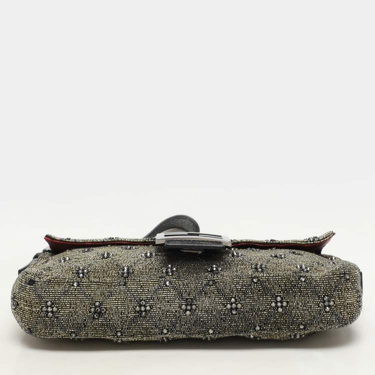 Pre Owned Fendi Olive Green/Silver Beads and Leather Mama Baguette Bag