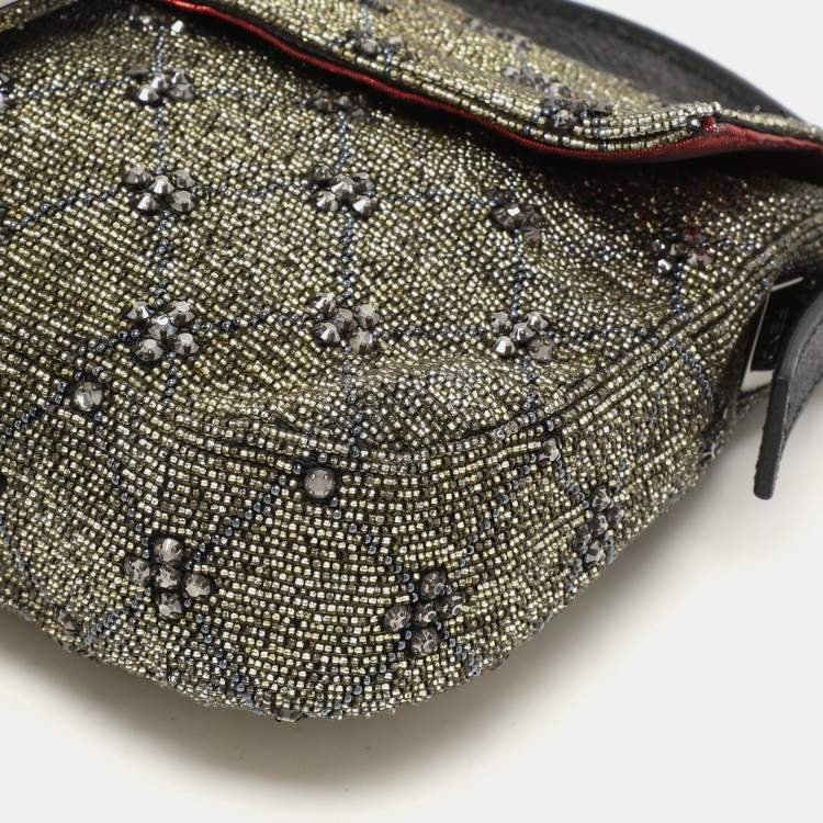 Pre Owned Fendi Olive Green/Silver Beads and Leather Mama Baguette Bag