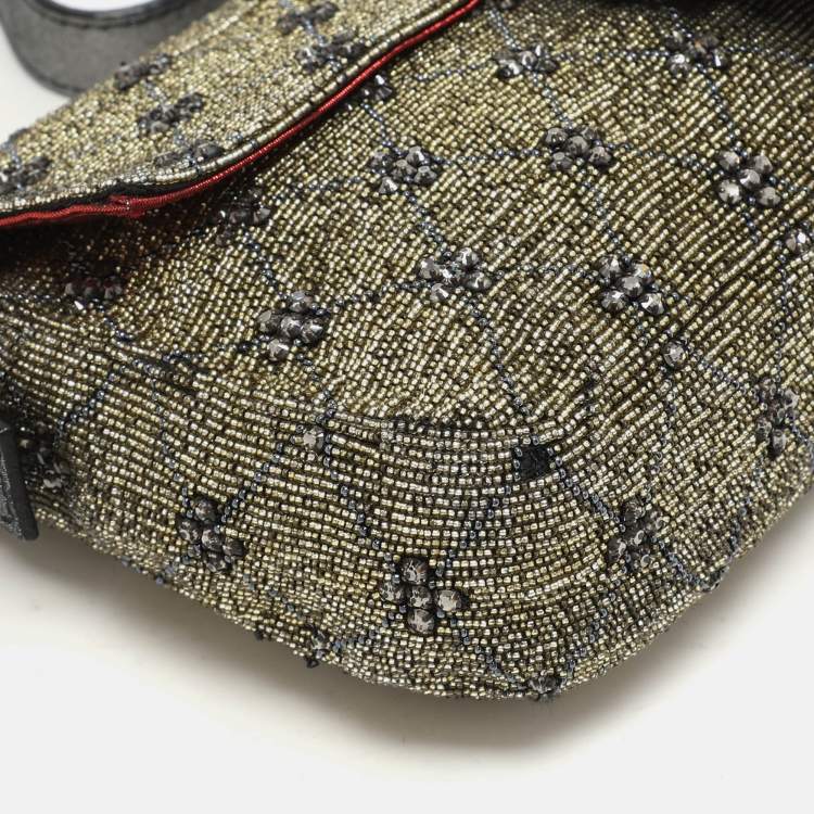 Pre Owned Fendi Olive Green/Silver Beads and Leather Mama Baguette Bag
