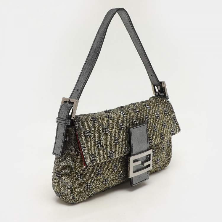 Pre Owned Fendi Olive Green/Silver Beads and Leather Mama Baguette Bag