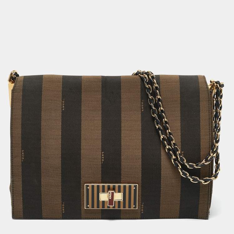 Pre Owned Fendi Tobacco Pequin Stripe Canvas Large Claudia Shoulder Bag