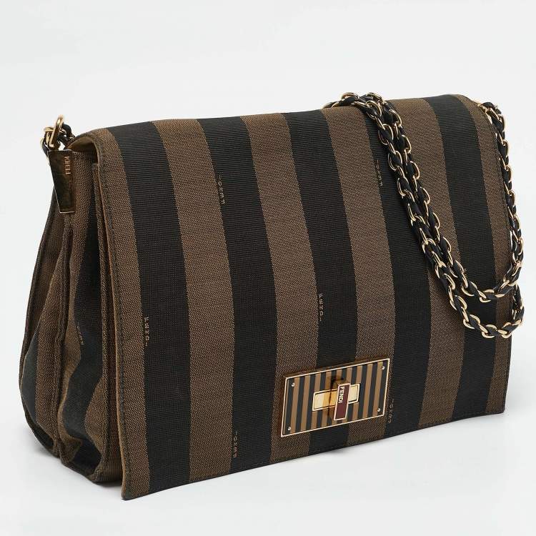 Pre Owned Fendi Tobacco Pequin Stripe Canvas Large Claudia Shoulder Bag