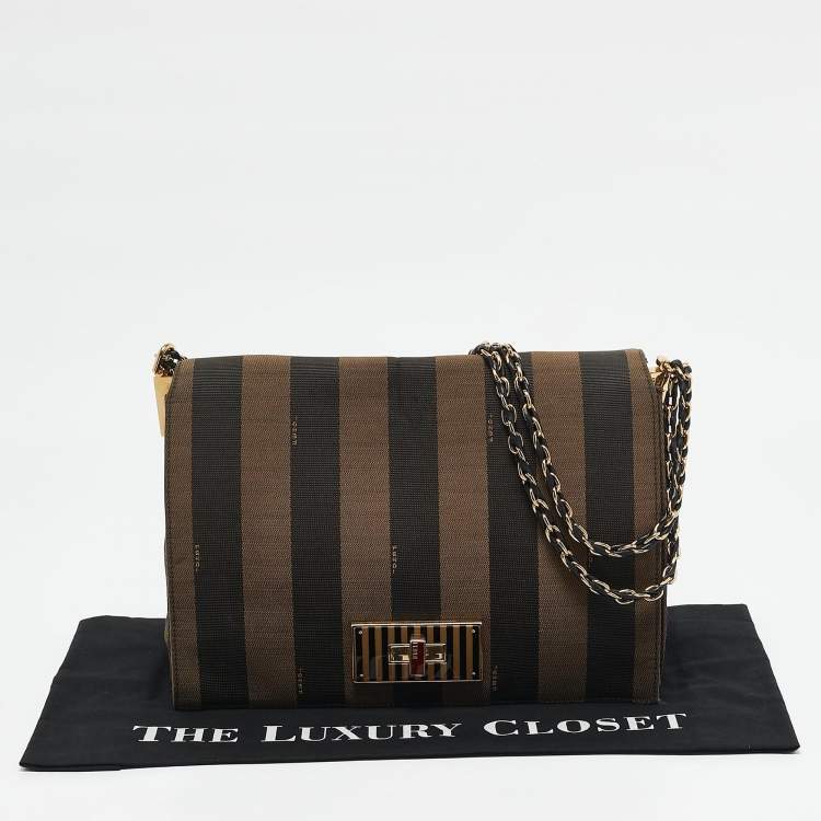 Pre Owned Fendi Tobacco Pequin Stripe Canvas Large Claudia Shoulder Bag