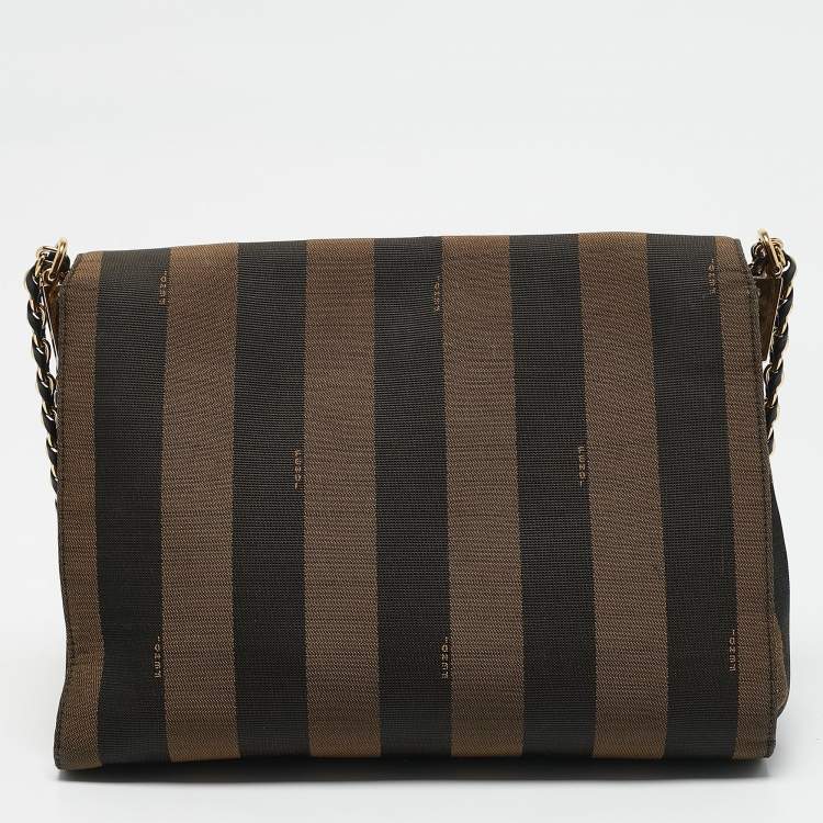 Pre Owned Fendi Tobacco Pequin Stripe Canvas Large Claudia Shoulder Bag