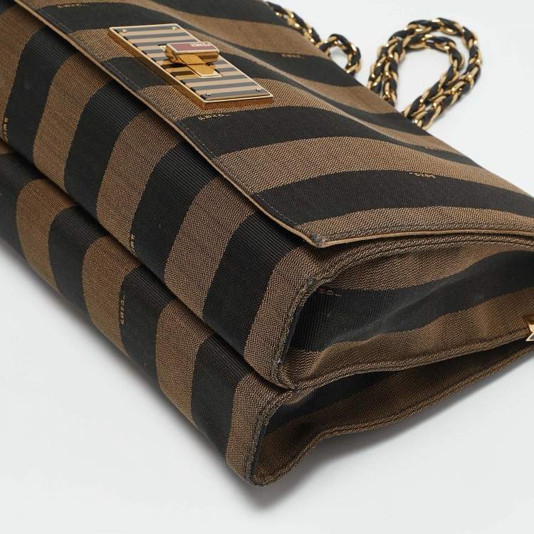 Pre Owned Fendi Tobacco Pequin Stripe Canvas Large Claudia Shoulder Bag