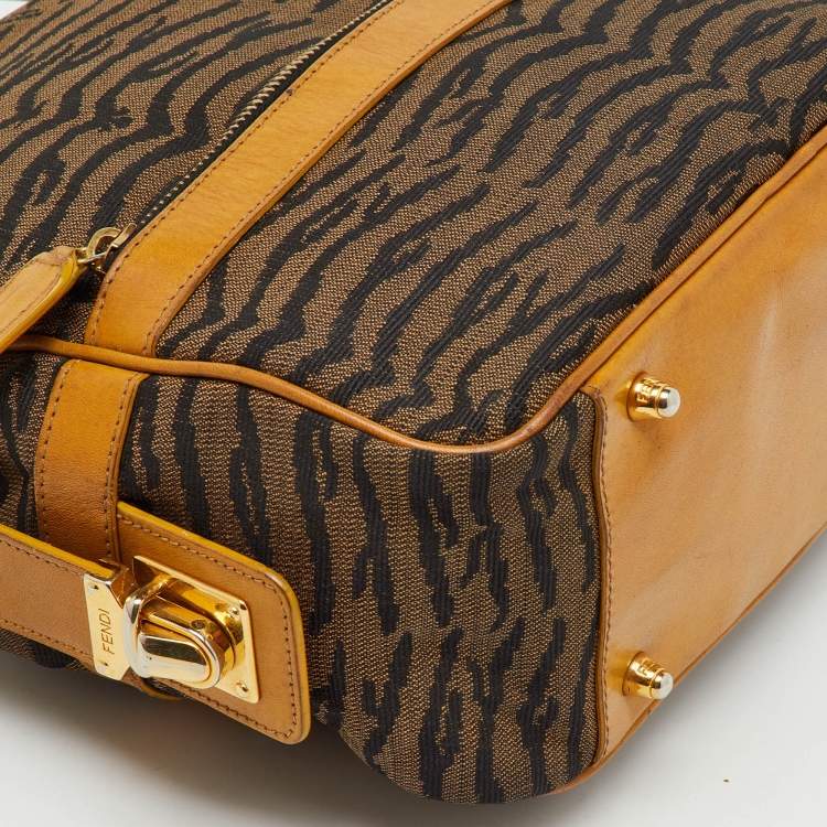 Pre Owned Fendi Tan/Dark Brown Canvas and Leather Vintage Zip Satchel