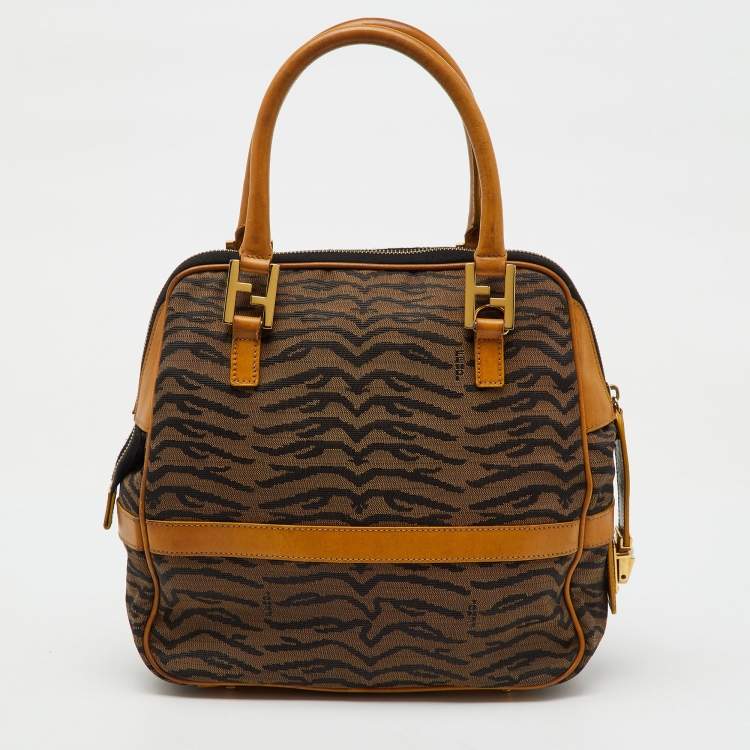 Pre Owned Fendi Tan/Dark Brown Canvas and Leather Vintage Zip Satchel