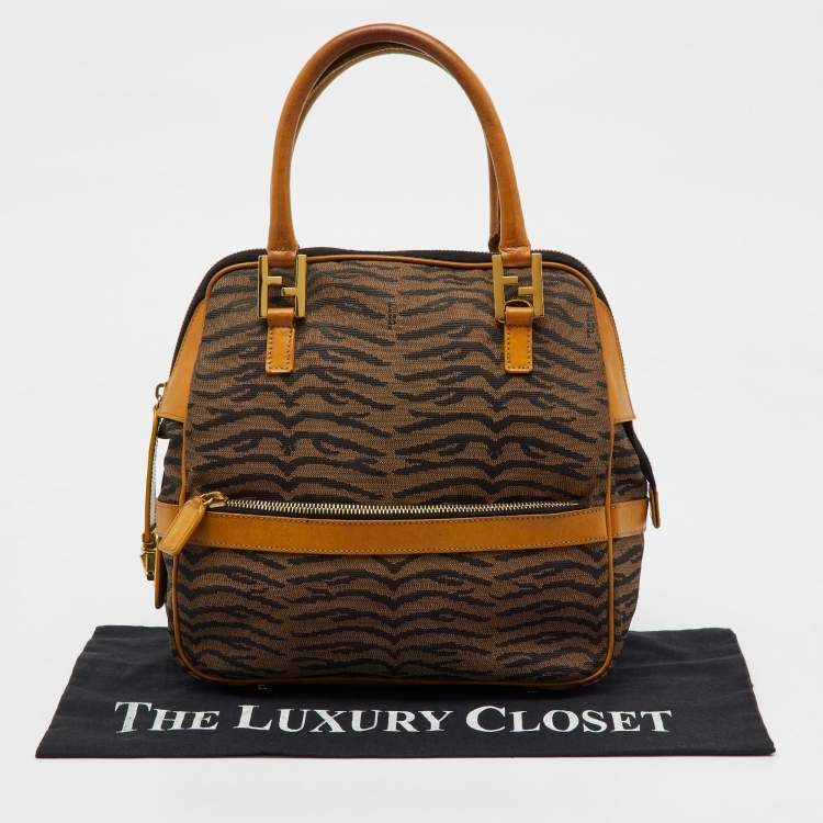 Pre Owned Fendi Tan/Dark Brown Canvas and Leather Vintage Zip Satchel