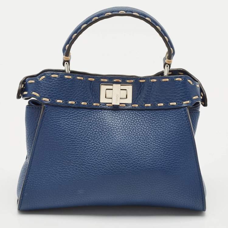 Pre Owned Fendi Navy Blue Selleria Leather Mini Peekaboo Top Handle Bag