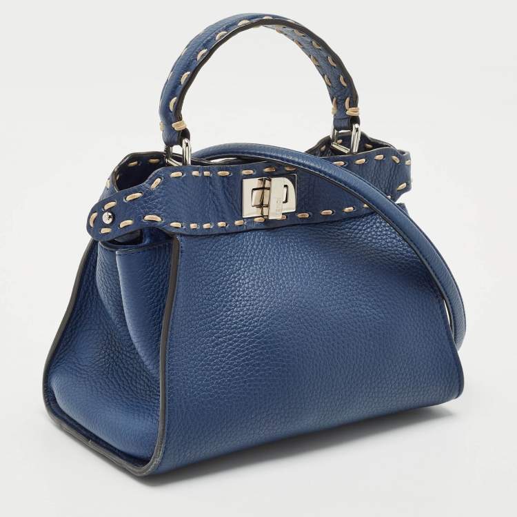 Pre Owned Fendi Navy Blue Selleria Leather Mini Peekaboo Top Handle Bag