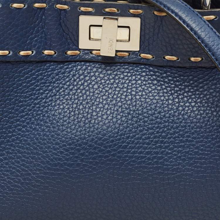 Pre Owned Fendi Navy Blue Selleria Leather Mini Peekaboo Top Handle Bag