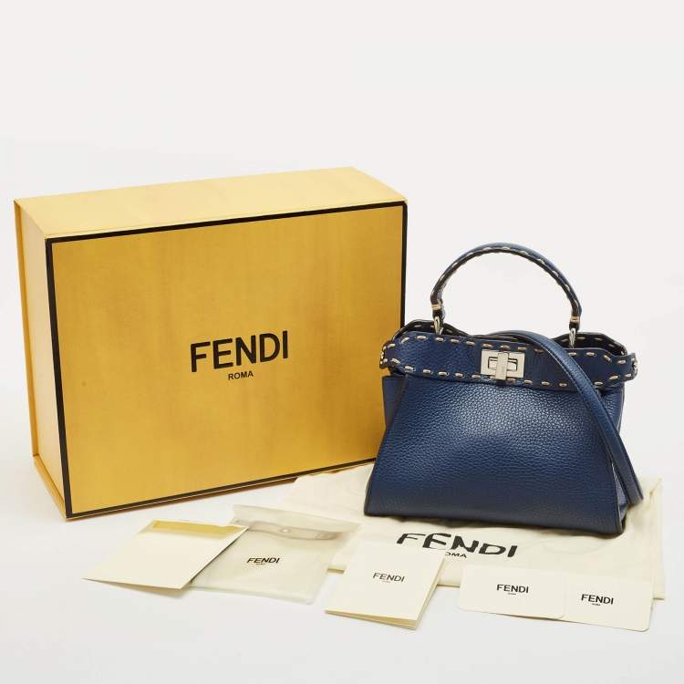 Pre Owned Fendi Navy Blue Selleria Leather Mini Peekaboo Top Handle Bag