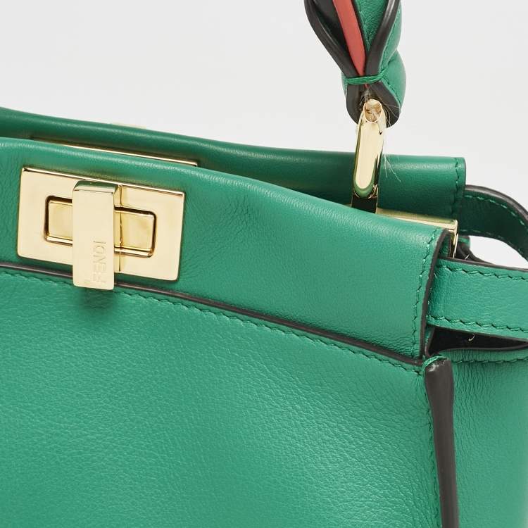 Pre Owned Fendi Green Leather Mini Peekaboo Top Handle Bag