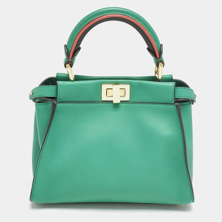 Pre Owned Fendi Green Leather Mini Peekaboo Top Handle Bag