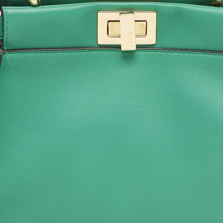 Pre Owned Fendi Green Leather Mini Peekaboo Top Handle Bag