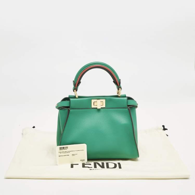 Pre Owned Fendi Green Leather Mini Peekaboo Top Handle Bag