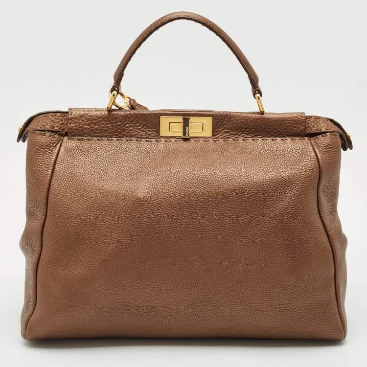 Pre Owned Fendi Bronze Selleria Leather Large Peekaboo Top Handle Bag