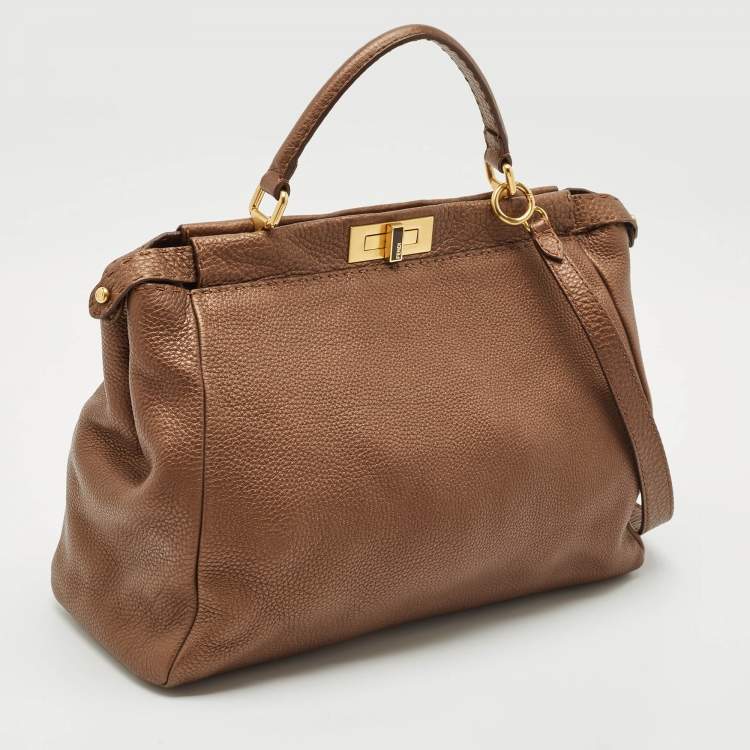 Pre Owned Fendi Bronze Selleria Leather Large Peekaboo Top Handle Bag
