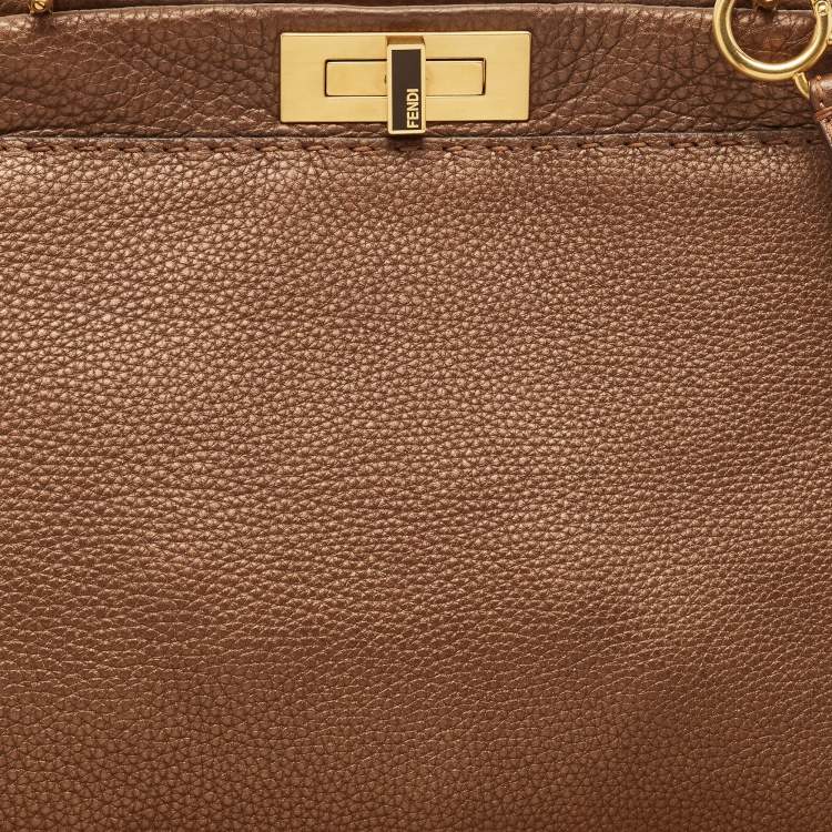 Pre Owned Fendi Bronze Selleria Leather Large Peekaboo Top Handle Bag