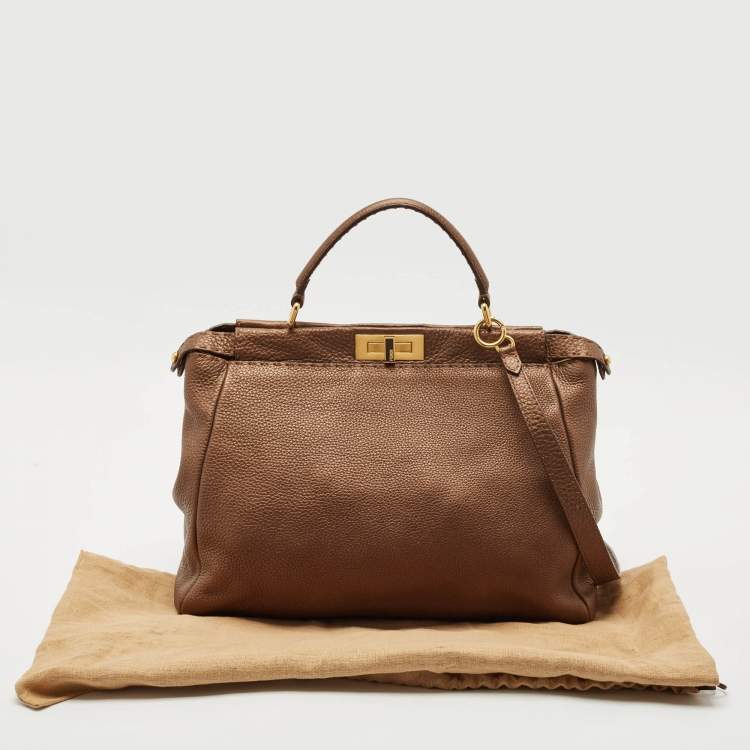 Pre Owned Fendi Bronze Selleria Leather Large Peekaboo Top Handle Bag