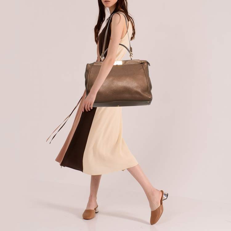 Pre Owned Fendi Bronze Selleria Leather Large Peekaboo Top Handle Bag