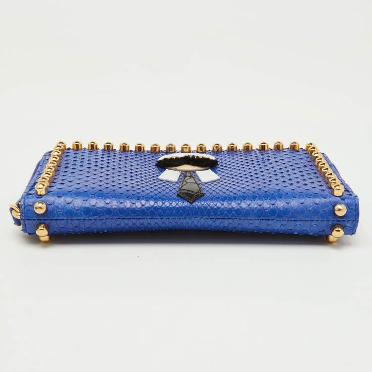 Pre Owned Fendi Navy Blue Snakeskin Karlito Zip Around Wallet