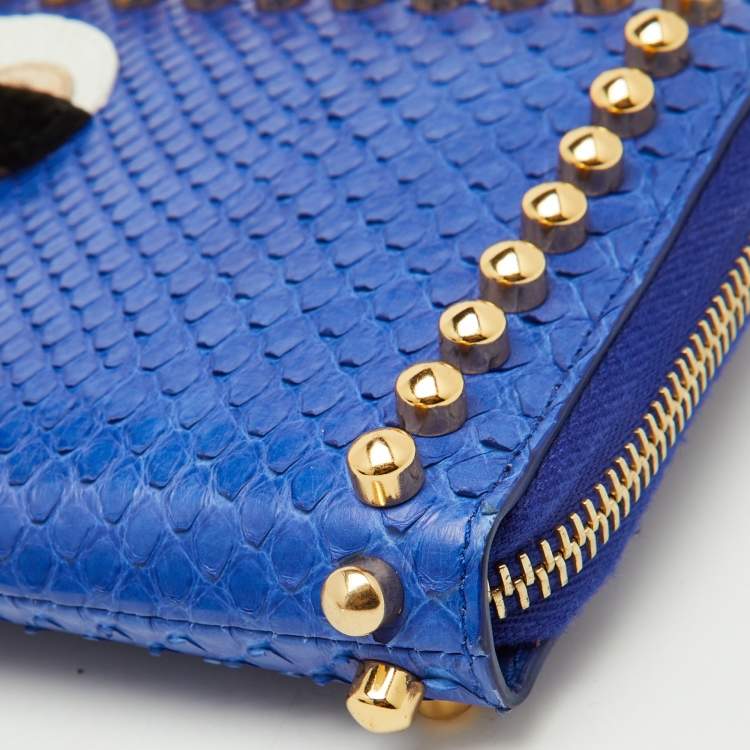 Pre Owned Fendi Navy Blue Snakeskin Karlito Zip Around Wallet
