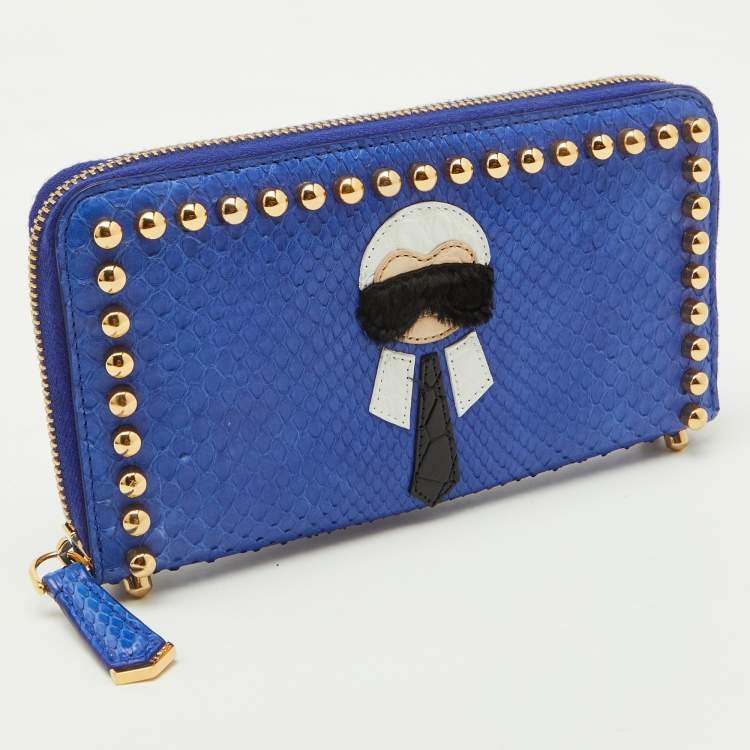 Pre Owned Fendi Navy Blue Snakeskin Karlito Zip Around Wallet