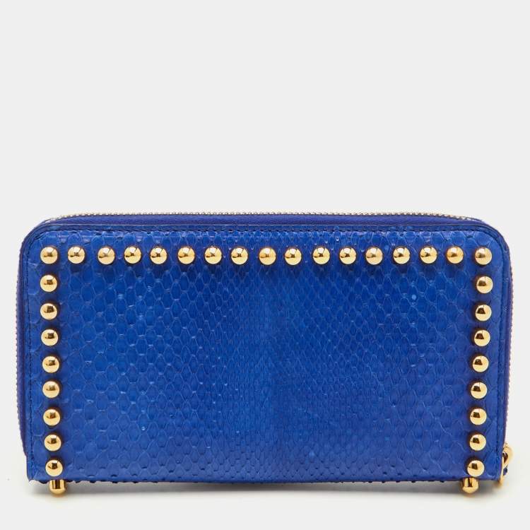 Pre Owned Fendi Navy Blue Snakeskin Karlito Zip Around Wallet