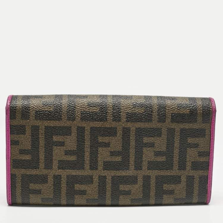 Pre Owned Fendi Tobacco/Pink Zucca Coated Canvas and Leather Flap Continental Wallet