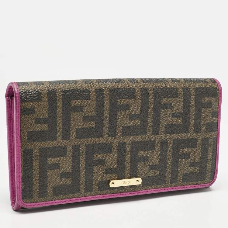 Pre Owned Fendi Tobacco/Pink Zucca Coated Canvas and Leather Flap Continental Wallet
