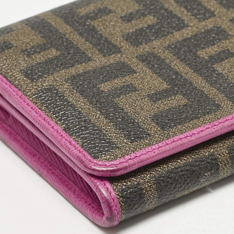 Pre Owned Fendi Tobacco/Pink Zucca Coated Canvas and Leather Flap Continental Wallet