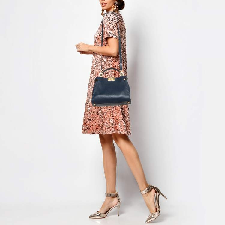 Pre Owned Fendi Navy Blue Leather Peekaboo Iconic Essentially Top Handle Bag