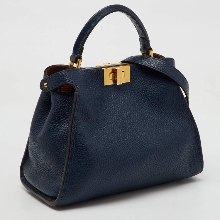 Pre Owned Fendi Navy Blue Leather Peekaboo Iconic Essentially Top Handle Bag