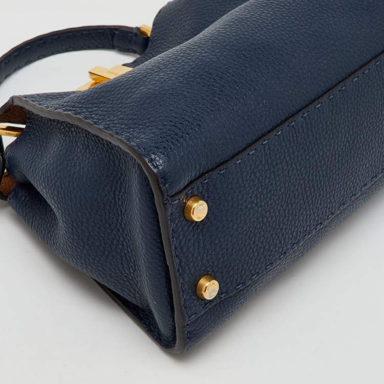 Pre Owned Fendi Navy Blue Leather Peekaboo Iconic Essentially Top Handle Bag