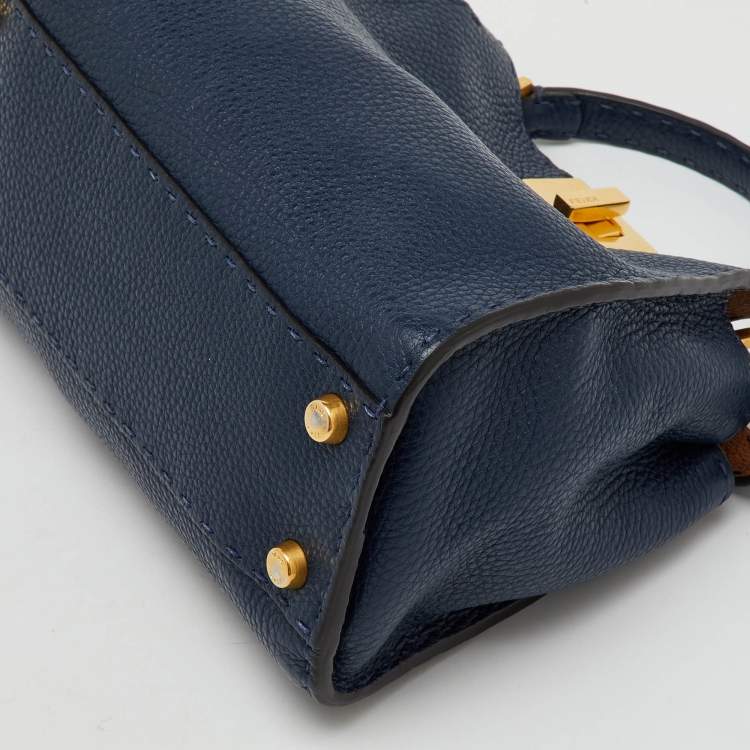 Pre Owned Fendi Navy Blue Leather Peekaboo Iconic Essentially Top Handle Bag