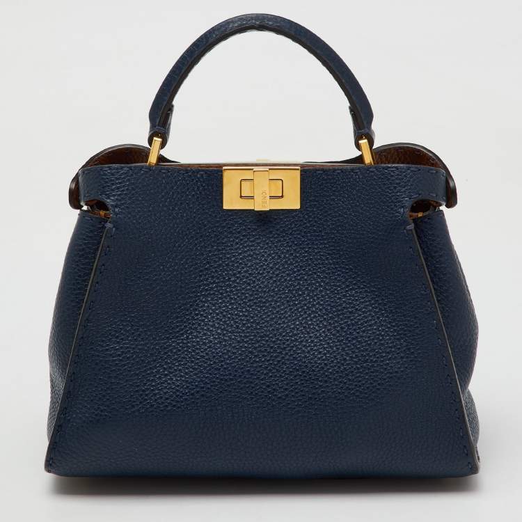 Pre Owned Fendi Navy Blue Leather Peekaboo Iconic Essentially Top Handle Bag