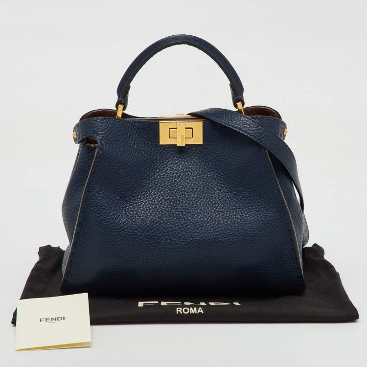 Pre Owned Fendi Navy Blue Leather Peekaboo Iconic Essentially Top Handle Bag