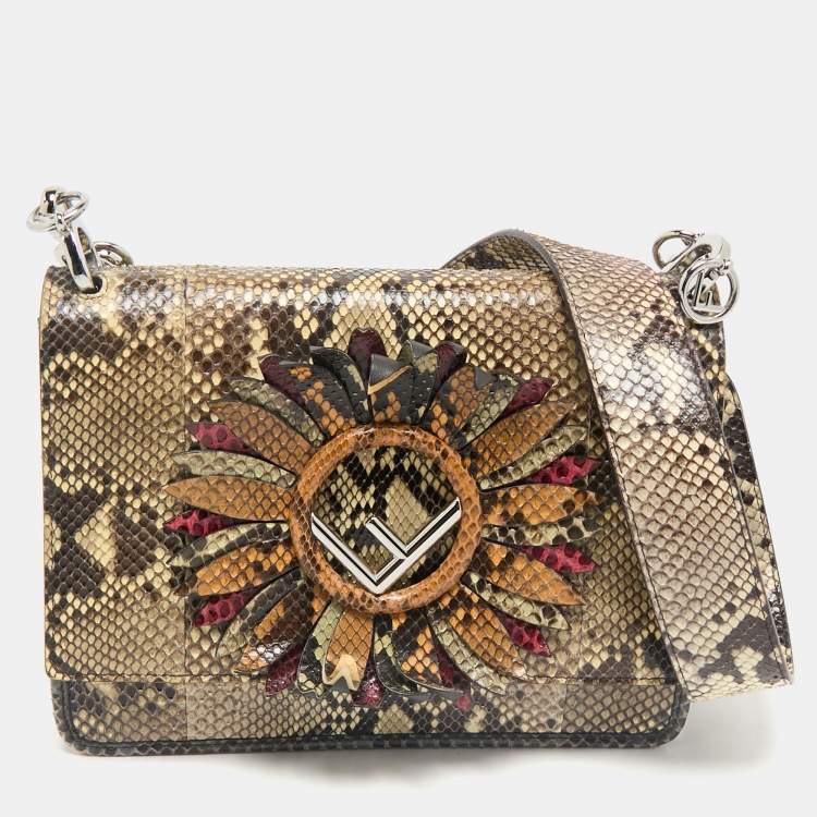 Pre Owned Fendi Beige Python Kan I F Logo Shoulder Bag