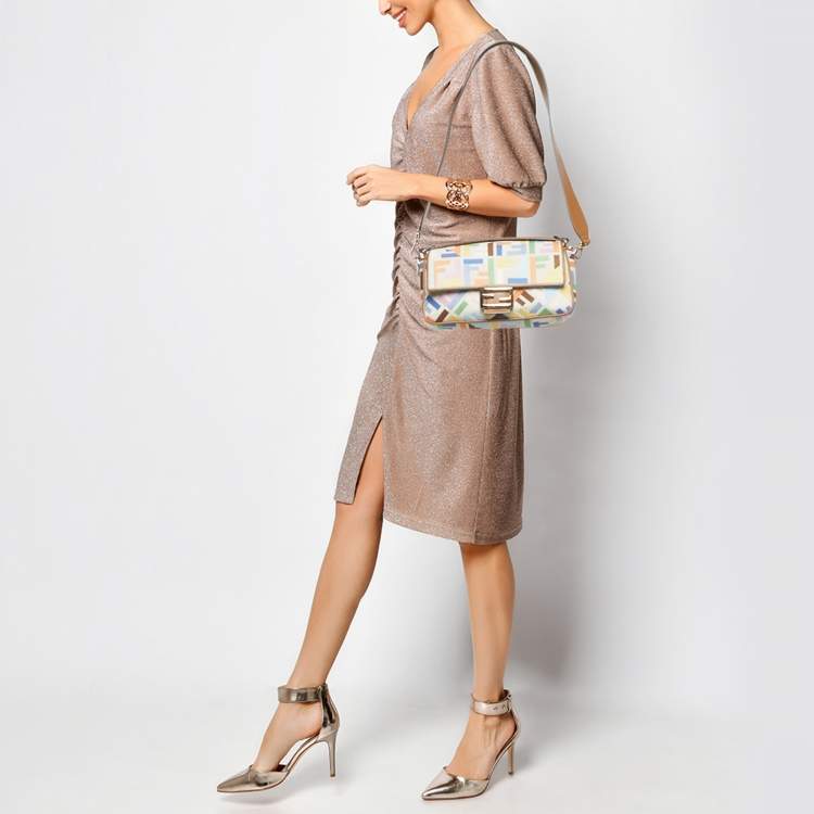 Pre Owned Fendi Multicolor FF Embroidery Canvas Medium Baguette Bag