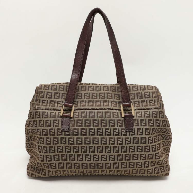 Pre Owned Fendi Beige/Brown Zucchino Canvas and Leather Accordion Tote