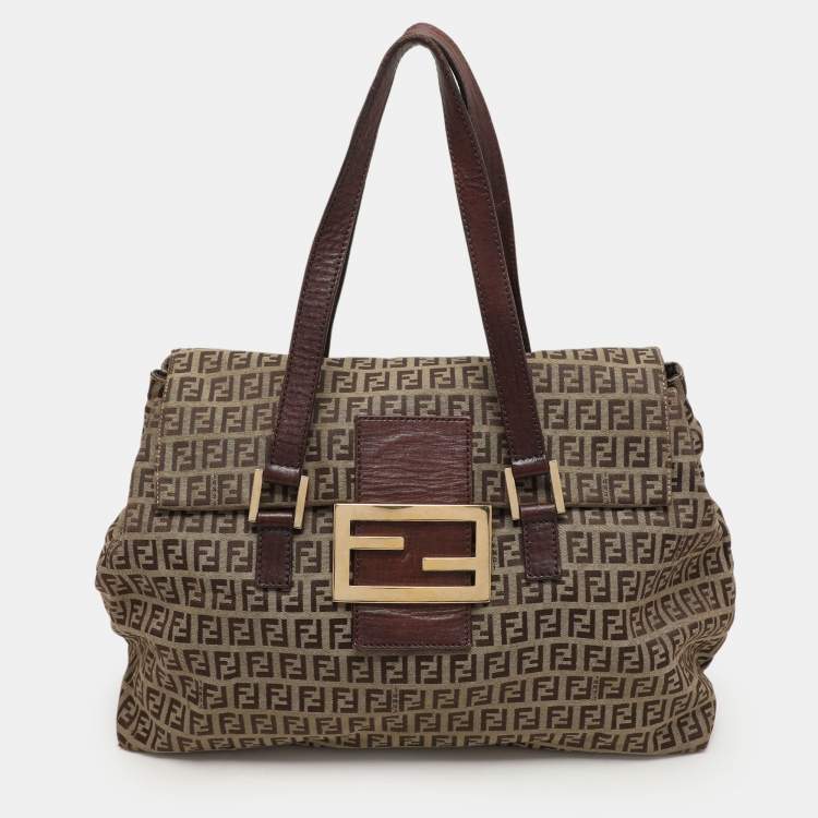 Pre Owned Fendi Beige/Brown Zucchino Canvas and Leather Accordion Tote