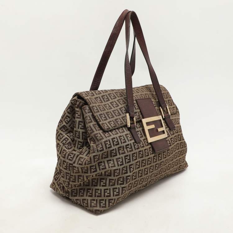 Pre Owned Fendi Beige/Brown Zucchino Canvas and Leather Accordion Tote