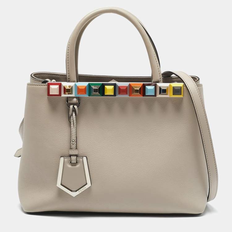 Pre Owned Fendi Light Beige Leather Stud Applique Petite 2Jours Elite Tote