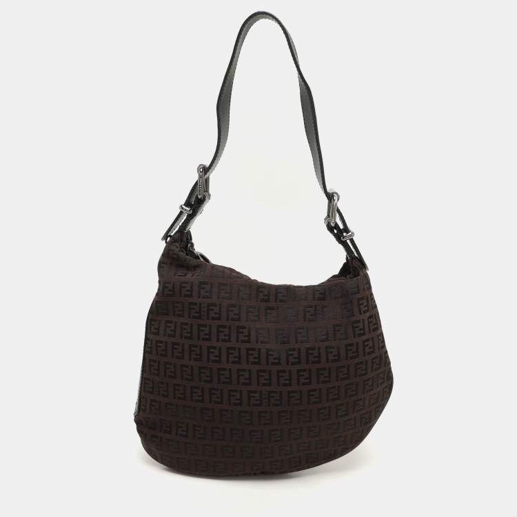 Pre Owned Fendi Brown/Black Zucchino Canvas and Leather Oyster Hobo