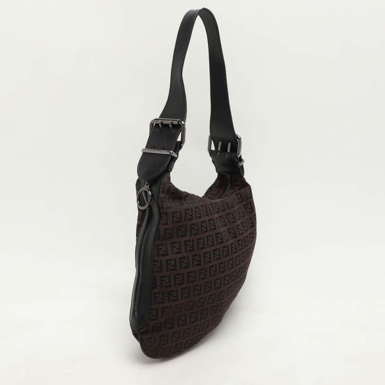 Pre Owned Fendi Brown/Black Zucchino Canvas and Leather Oyster Hobo